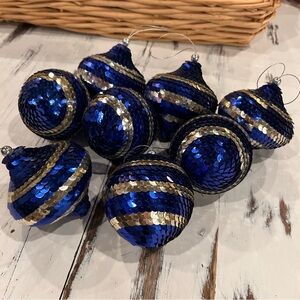 Vintage Blue‎ and Silver Sequin Holiday Ornaments Set of 8
